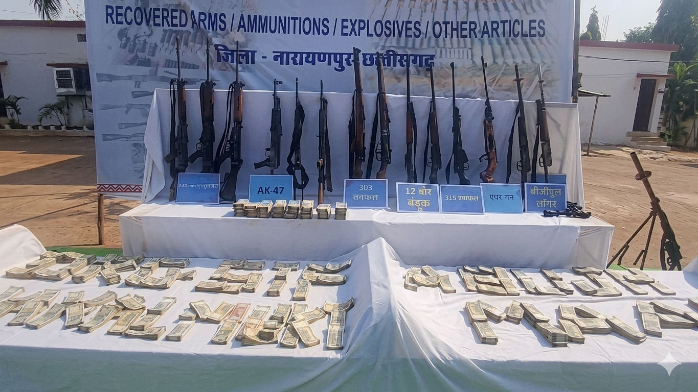 छत्तीसगढ़-महाराष्ट्र बॉर्डर पर नक्सलियों का बड़ा डंप बरामद, 1 करोड़ से ज्यादा कैश और AK-47 समेत भारी मात्रा में हथियार जब्त